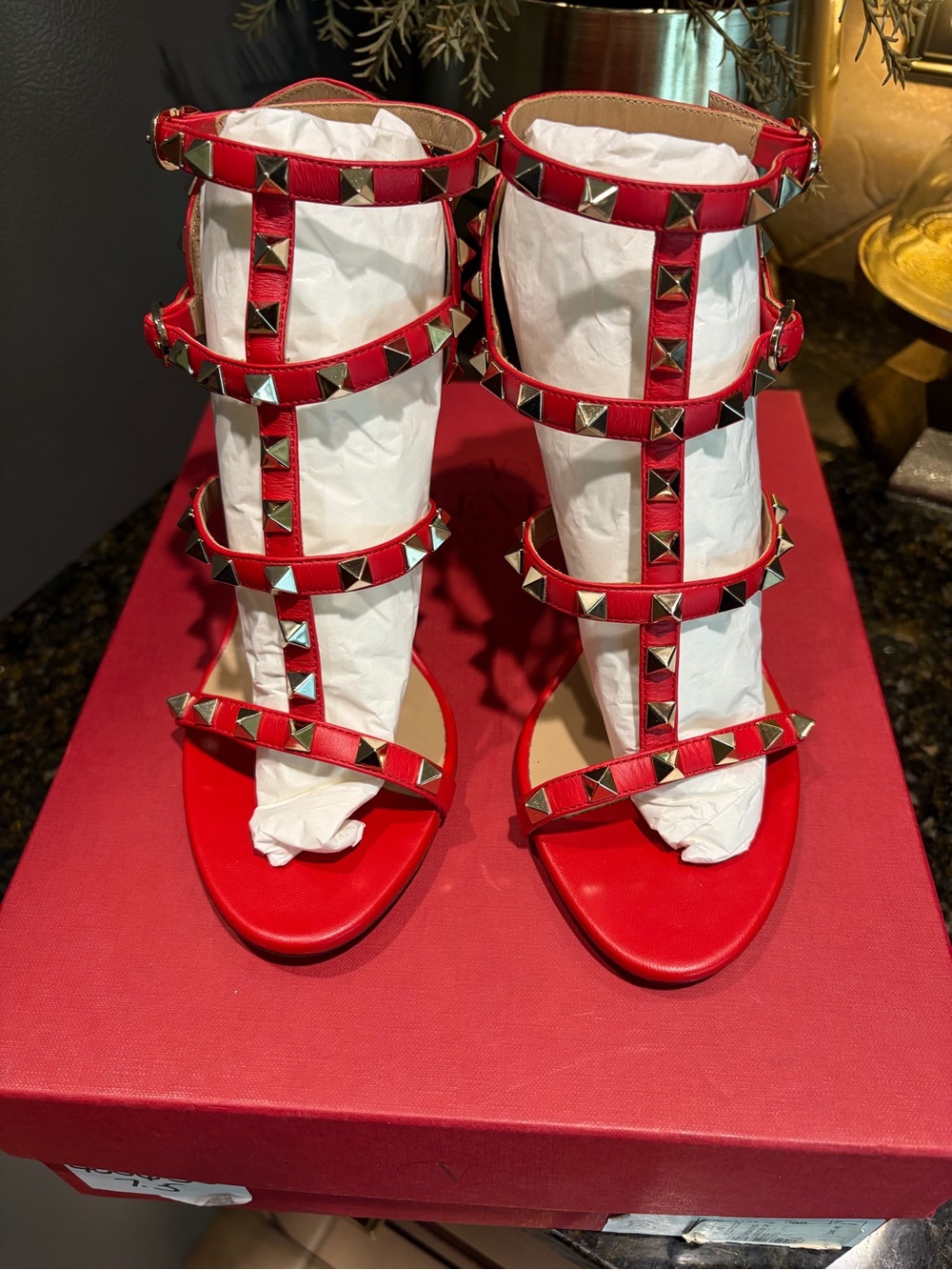 Valentino Garavani Red Leather Rockstud Caged Sandals